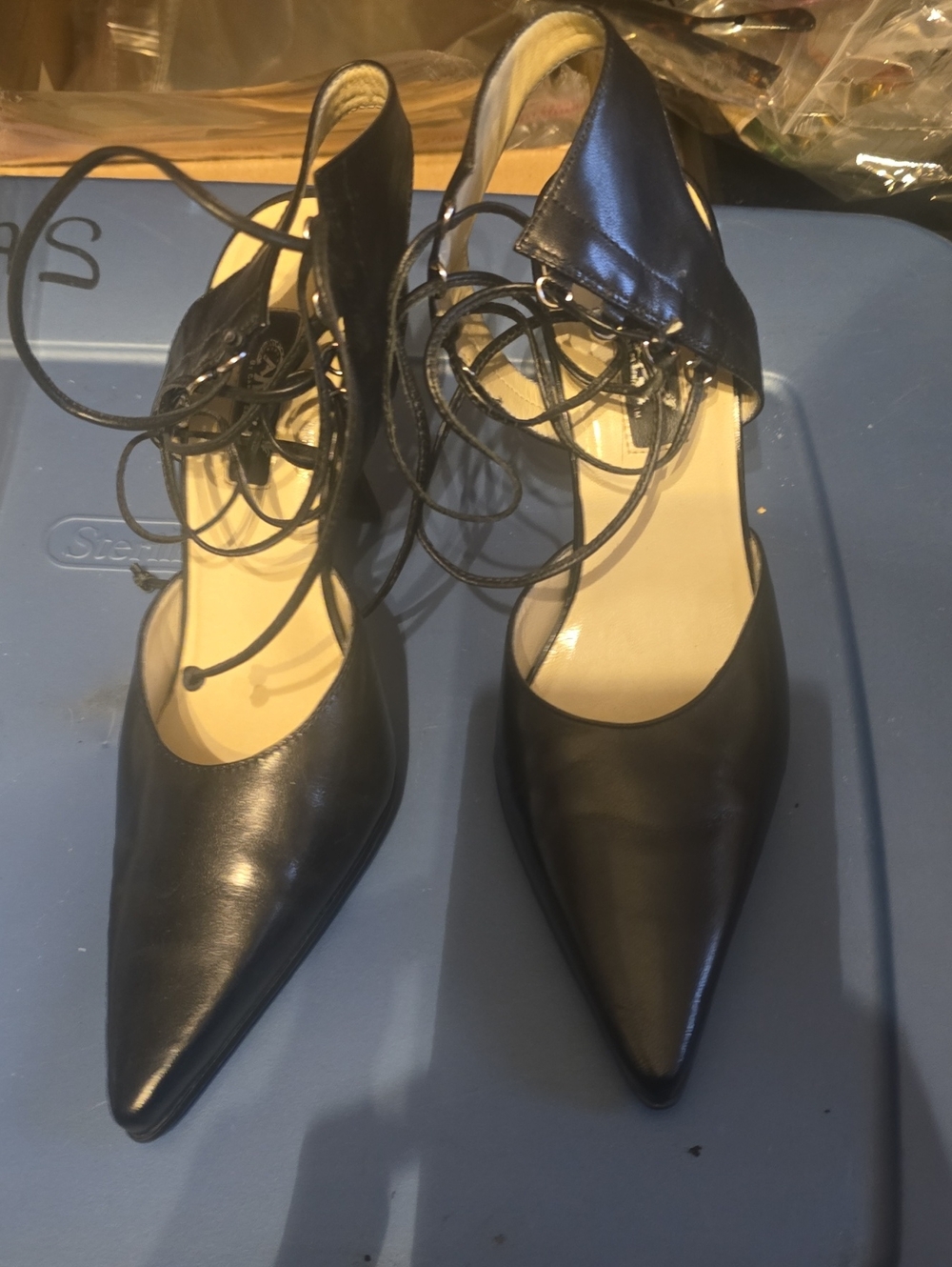 Black Lace-Up Pointed Toe Women's Heels